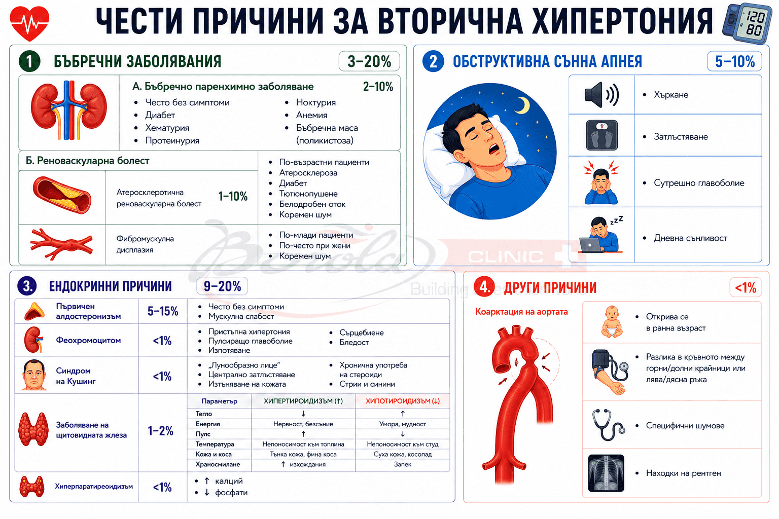 Инфографика, представяща честите причини за вторична хипертония, включително бъбречни заболявания, обструктивна сънна апнея, ендокринни нарушения и коарктация на аортата