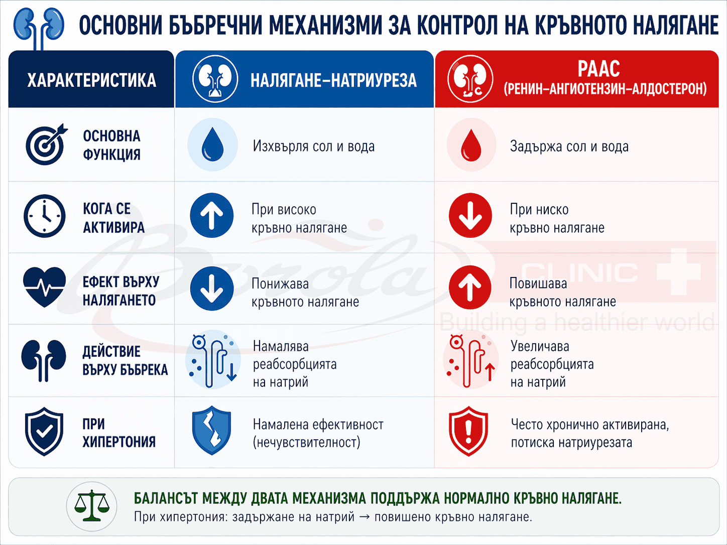 Основни бъбречни механизми за контрол на кръвното налягане: налягане-натриуреза и РААС Инфографика, сравняваща двата основни бъбречни механизма за контрол на кръвното налягане – налягане-натриуреза и ренин-ангиотензин-алдостеронова система (РААС), с ефектите им върху натрия, водата, бъбреците и артериалното налягане.